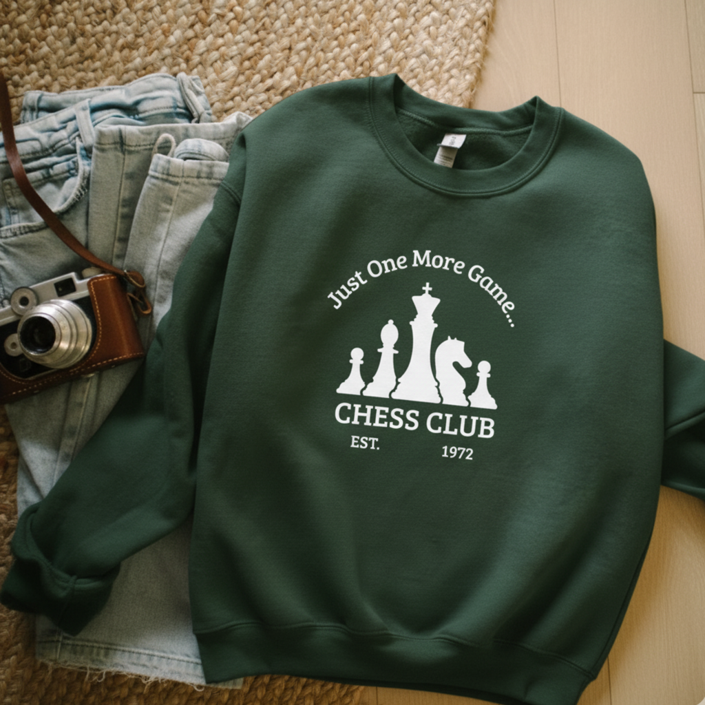 Chess Club Crewneck Sweatshirt - Just One More Game, Cozy Sweater for Chess Lovers, Gift for Chess Players, Perfect for Game Nights